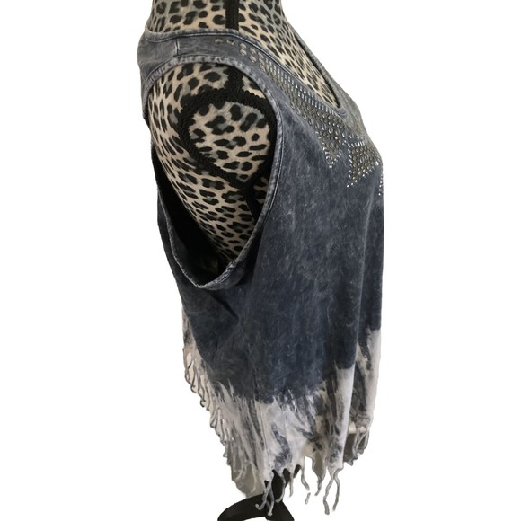 Maurices Top L Boho Hippie Gray Tye Die Studded Collar Fringe Hem Razor Back - Picture 3 of 5